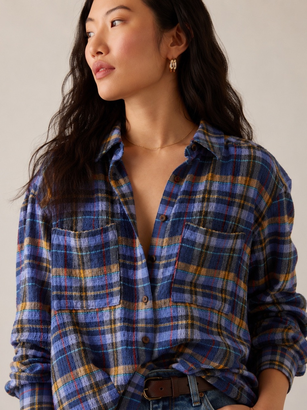 Pilcro Relaxed Shirt Anthropologie Blue Plaid Button Down Size Small